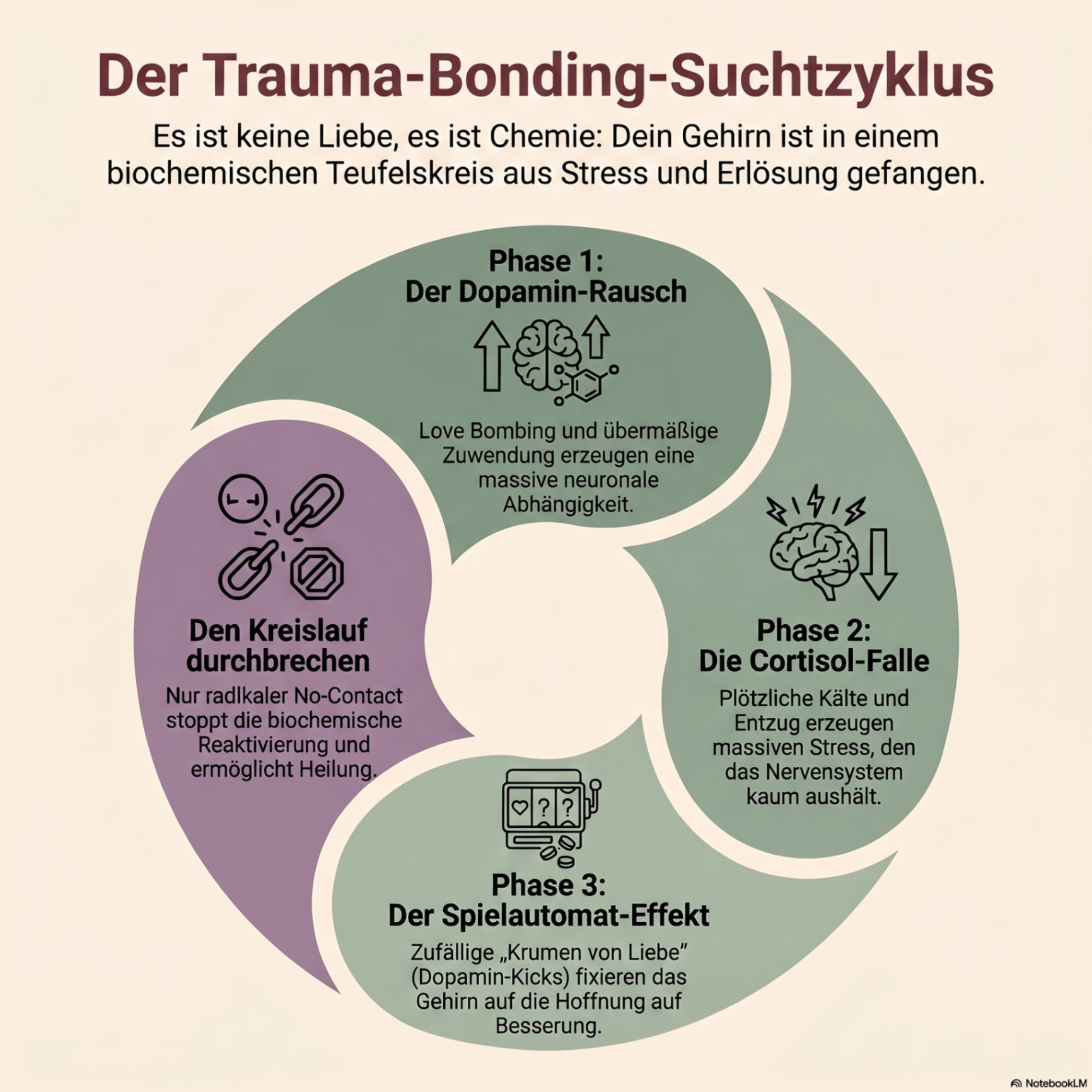 Infografik: Anatomie des toxischen Kreislaufs — fünf Phasen des Trauma-Bondings